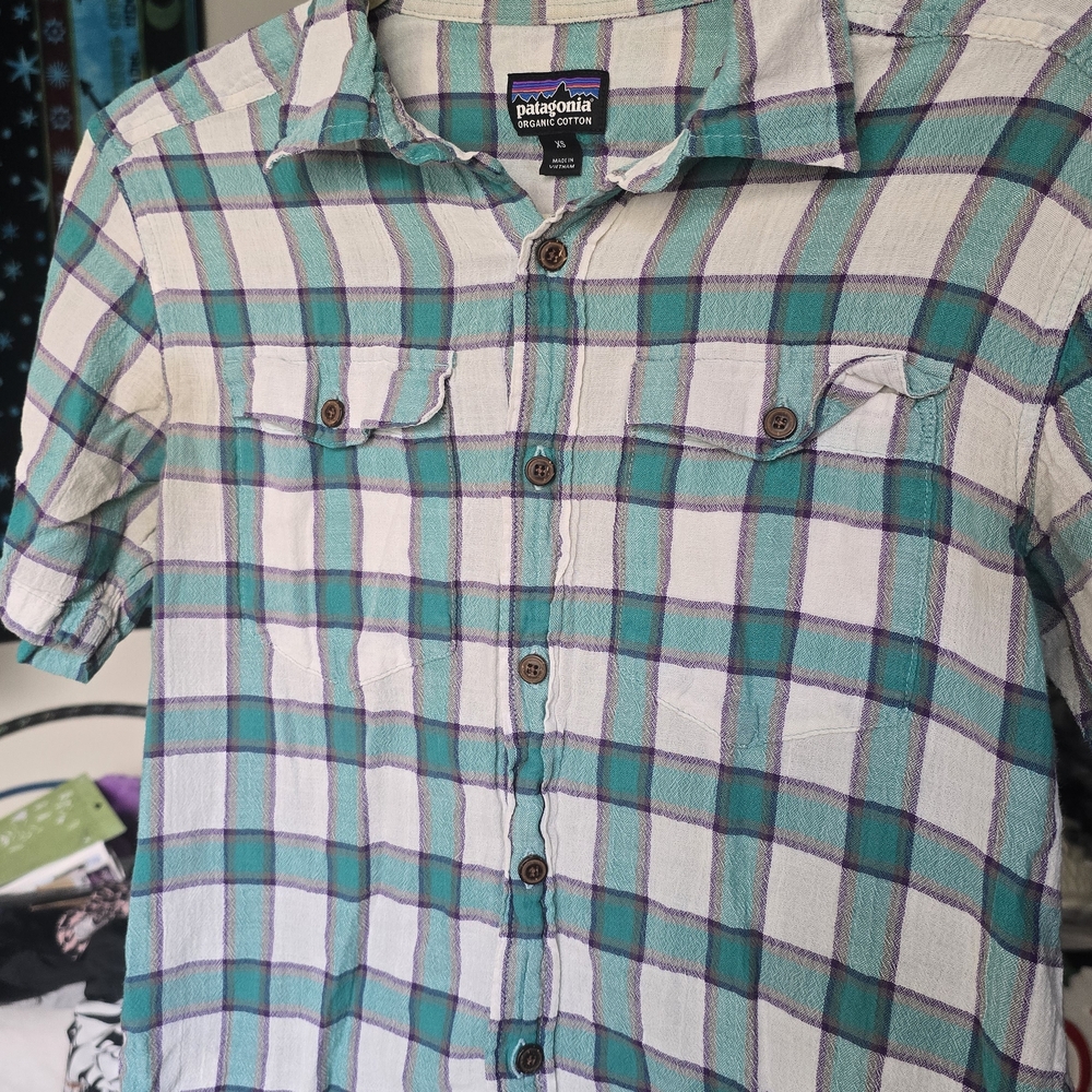 Patagonia Unisex Teal and White Plaid Shirt